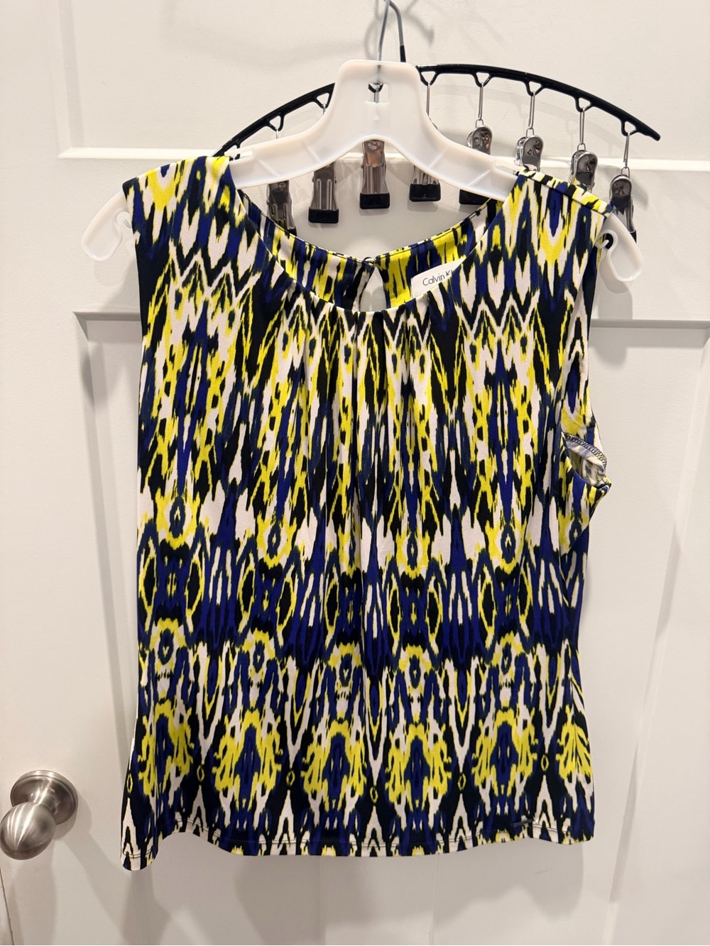 Calvin Klein Top Womens Large Yellow Blue Ikat Print Sleeveless Blouse